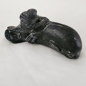 Hand Carved Canadian Inuit Stone Sculpture Man Riding Whale Native Indigenous